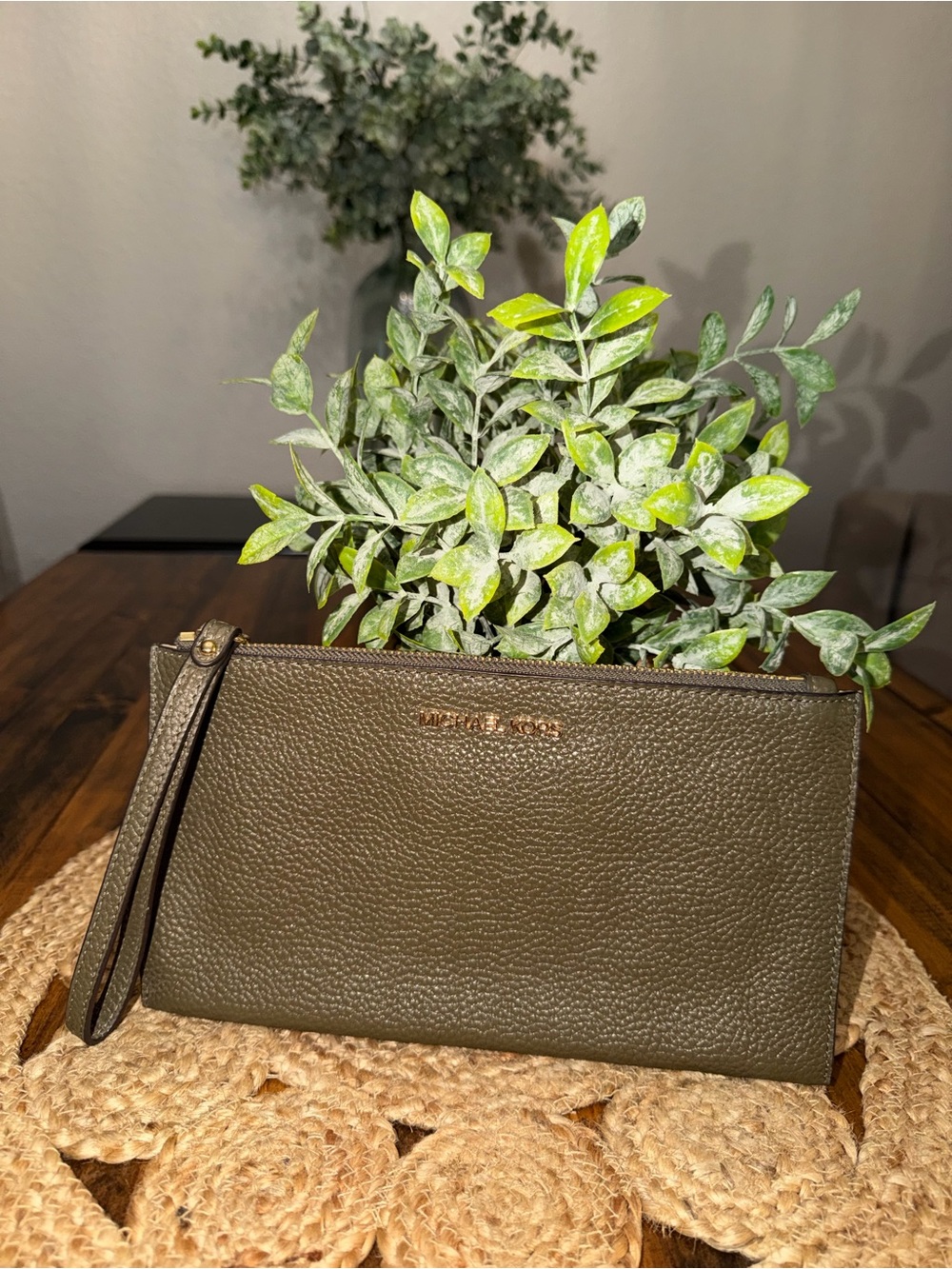 Michael Kors Olive Green Pebbled Leather Wristlet with Gold Logo